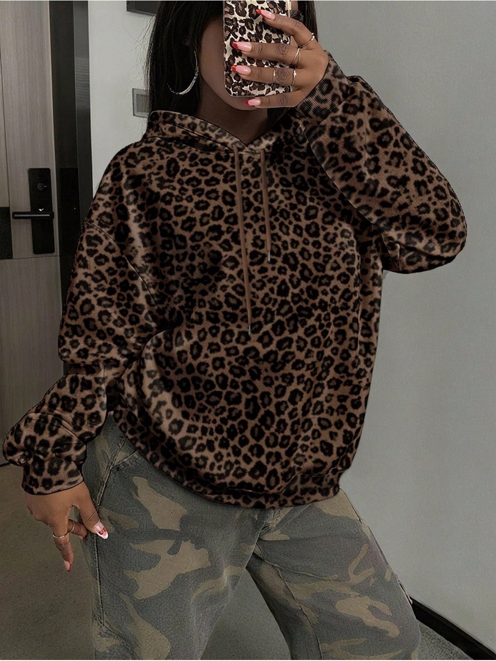Leopard Print Brown Hoodie Sweatshirt for Women